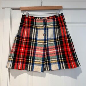 Vintage Peerless Plaid Wool Button Front Pleated Mini Skirt Size 6 Preppy School